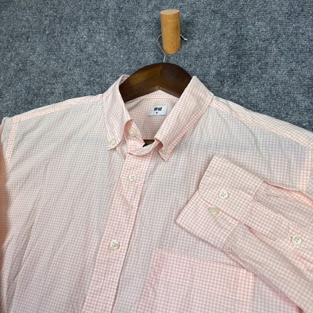 Uniqlo Button Down Shirt Mens M Orange Gingham Long Sleeve Cotton 331-476015